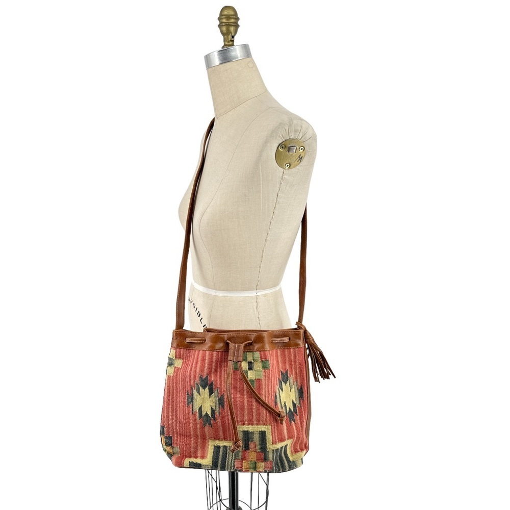 Vintage Multicolor Patterned Bucket Bag, Southwestern, Tribal, Tassel Carpet Bag - Picture 8 of 8